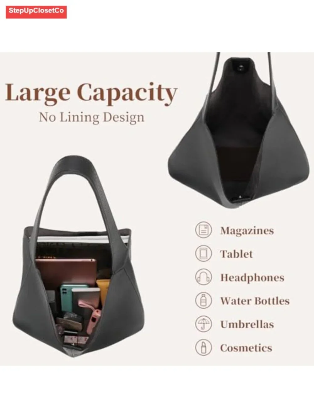 Soft Vegan Leather Hobo Bag Slouchy Shoulder Tote Lightweight Purse Work Travel